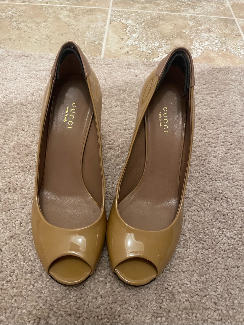 Gucci Tan Patent Leather Peep-Toe Heels
